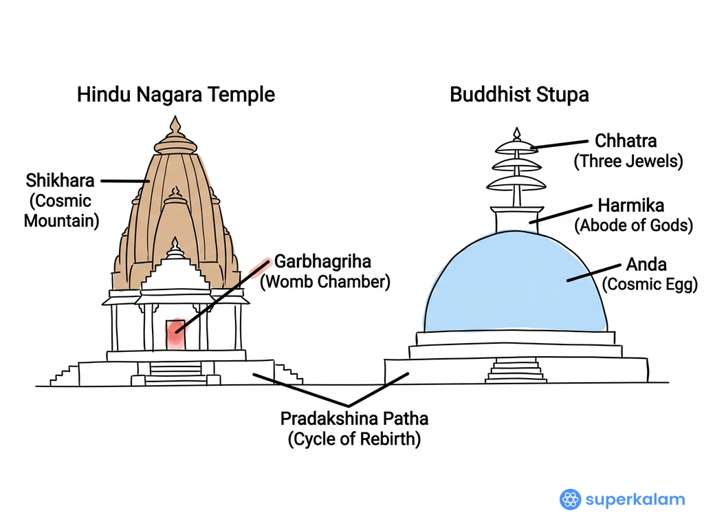 Hindu Temple and Buddhist Stupa Comparison