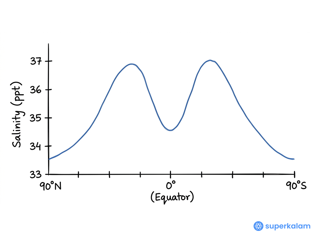 Ocean salinity versus latitude line graph
