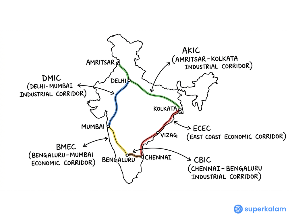 India Industrial Corridors Outline Map