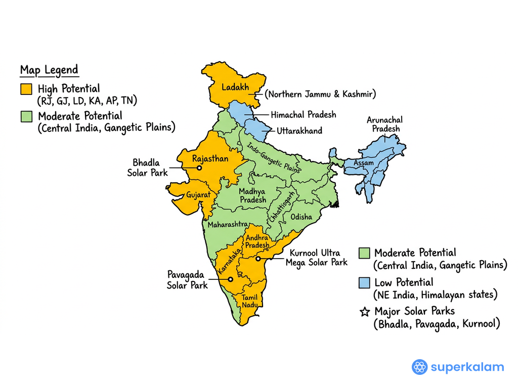 India solar energy potential outline map