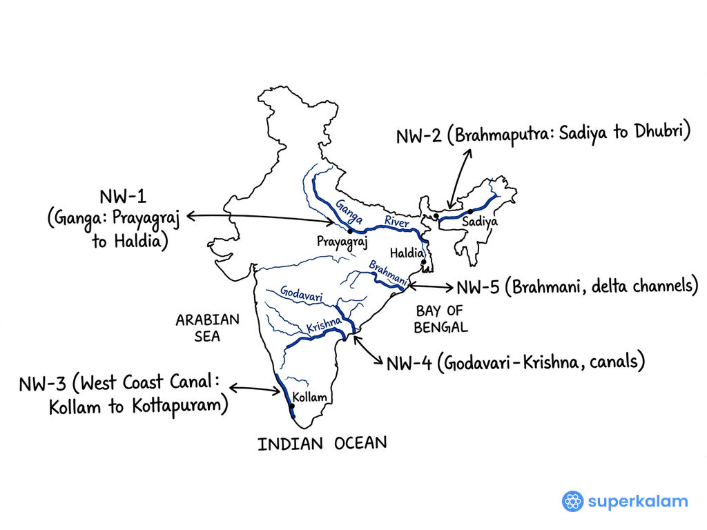India's National Waterways map and outline