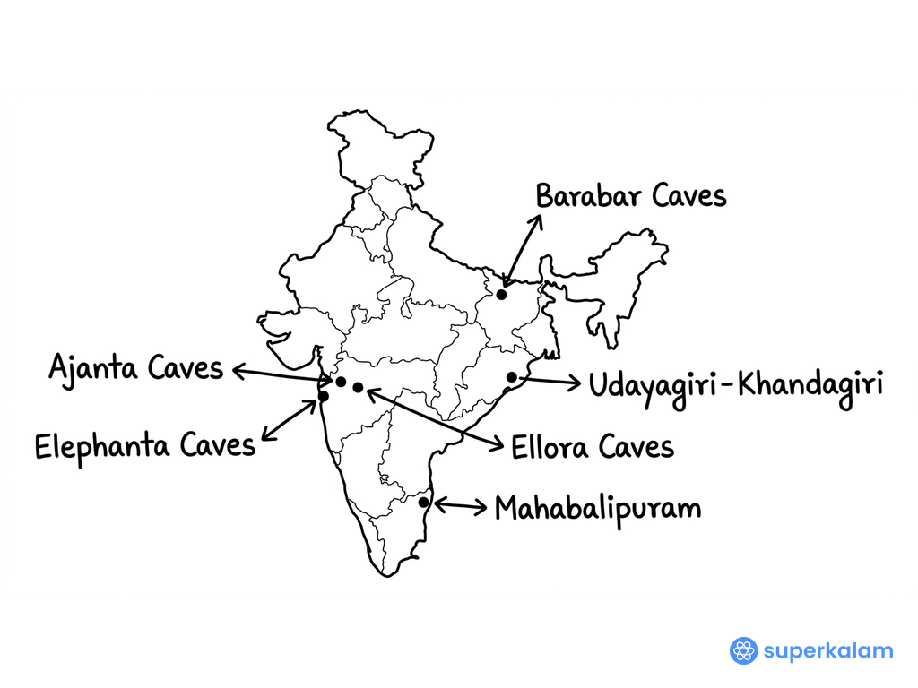India Rock Cut Architecture Sites Map
