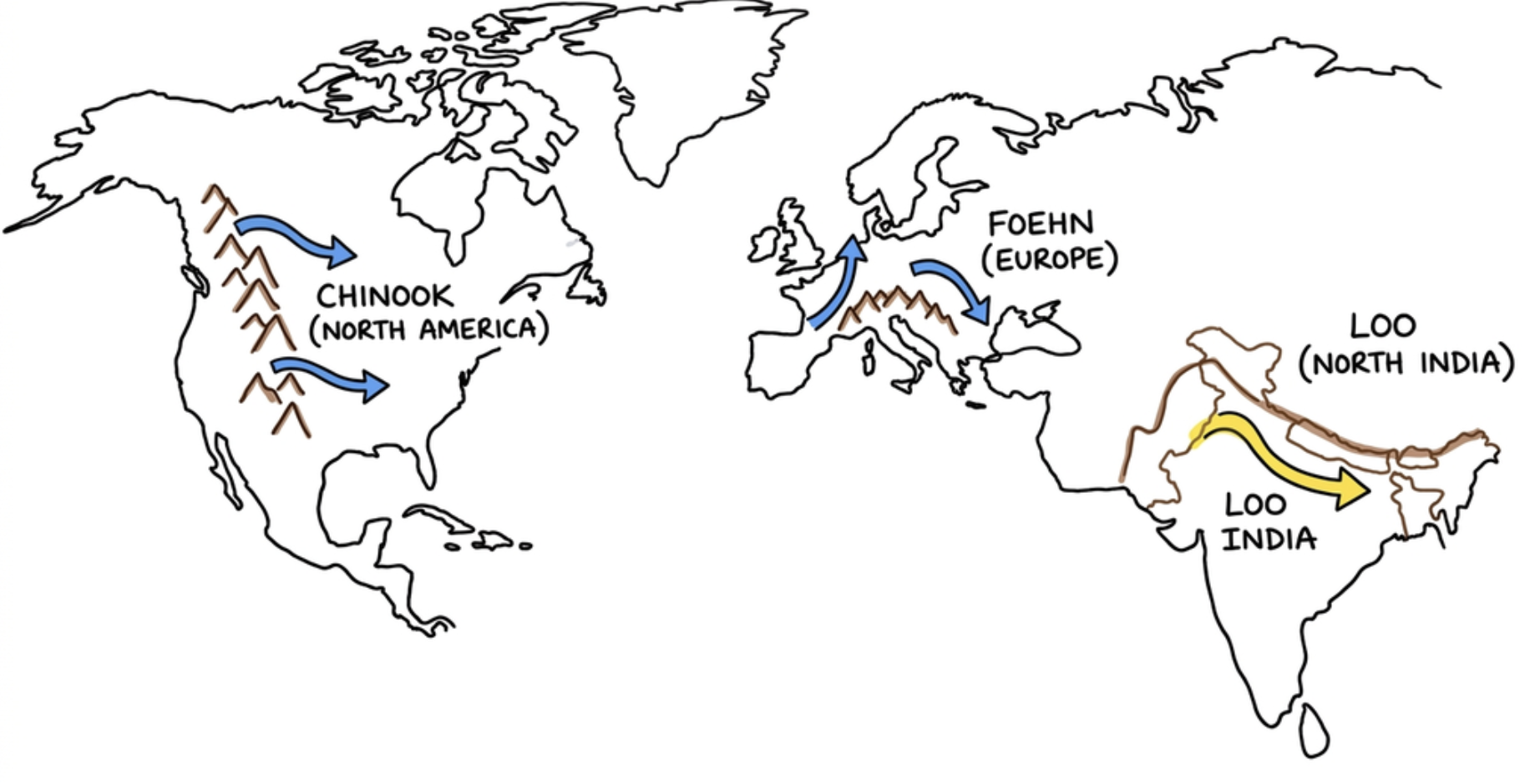Global Distribution of Major Local Winds: Chinook, Foehn and Loo