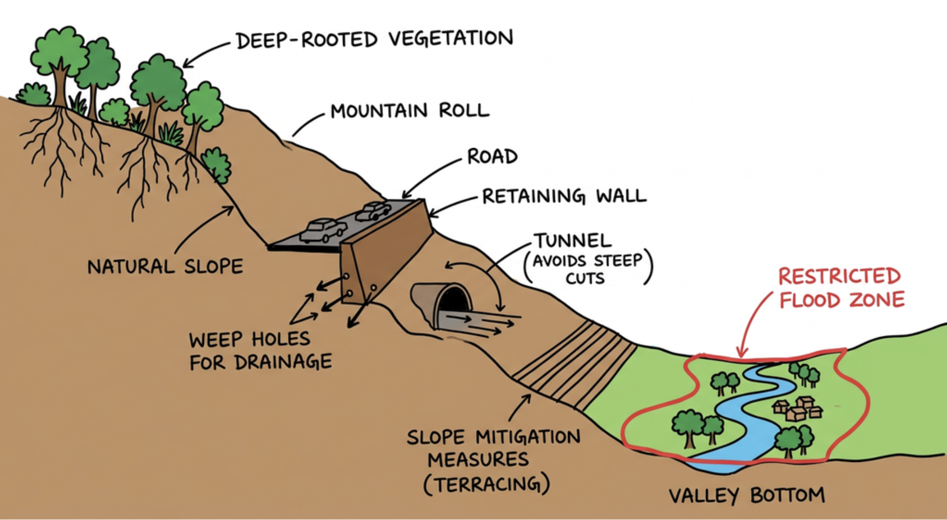 Sustainable Mountain Infrastructure through Slope Stabilisation, Drainage and Flood-Zone Protection