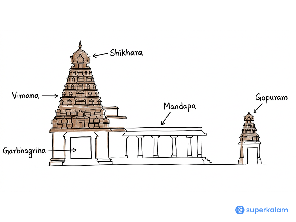 Chola Dravidian temple architectural elevation line drawing