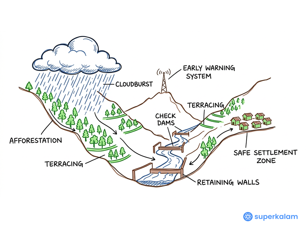 Steep Mountain Valley Cloudburst Mitigation Diagram