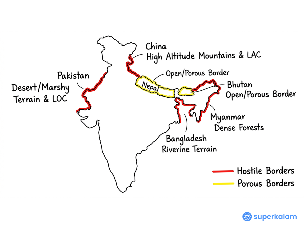 India's Border Terrains and Challenges Map