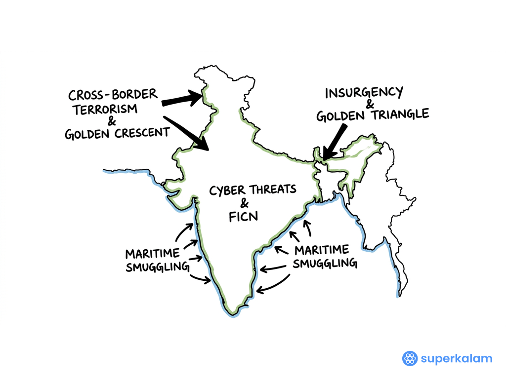 India's External Security Threats Outline Map