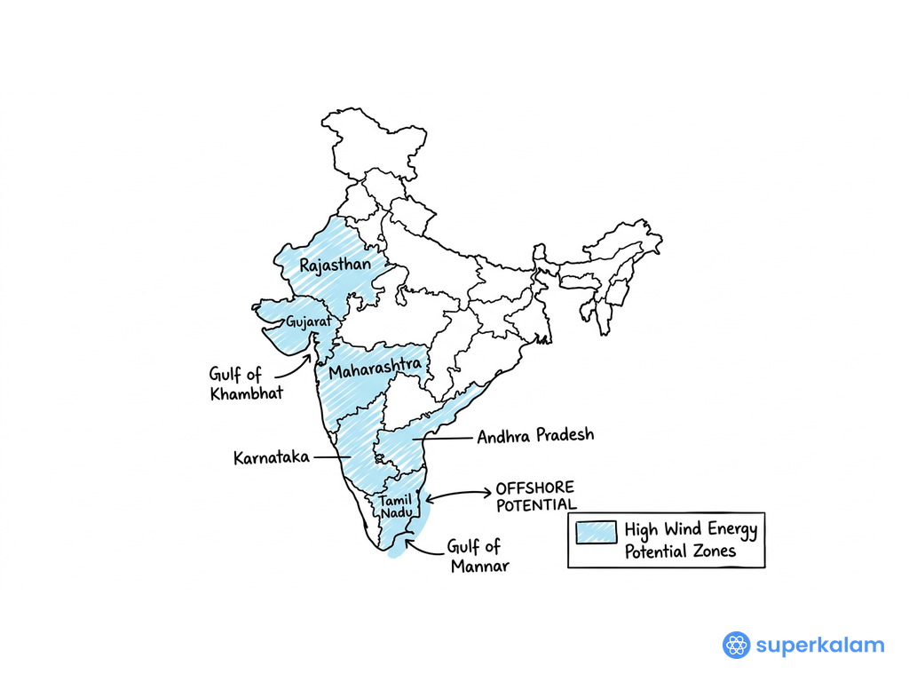 India wind energy potential outline map