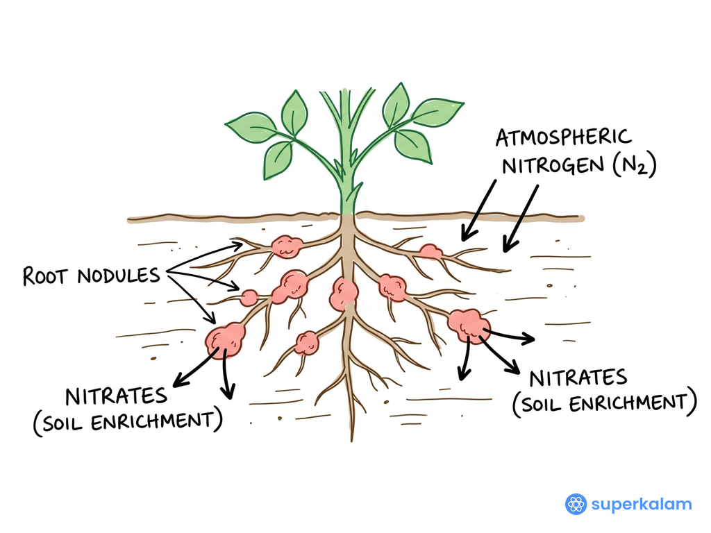 Legume root system botanical diagram with nodules