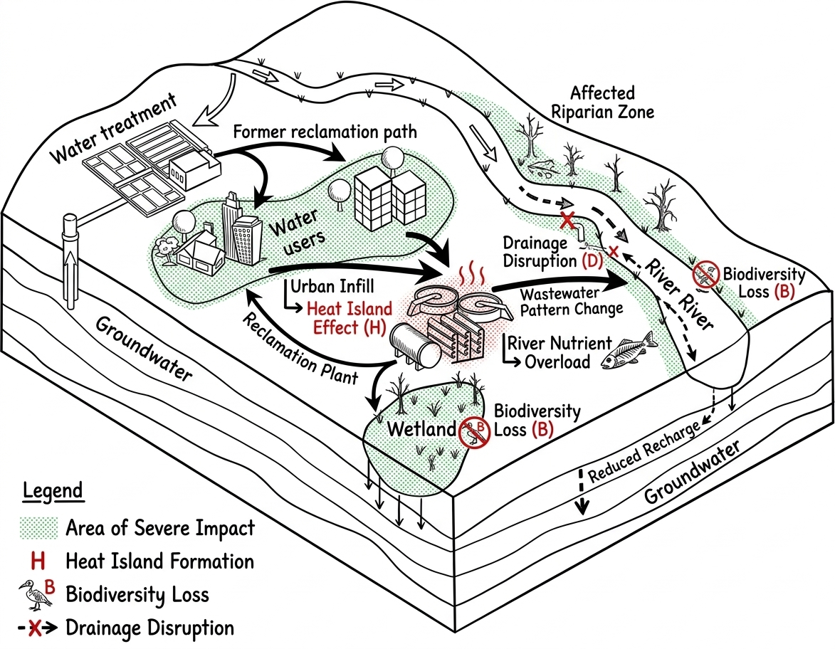 Water Body Reclamation Impact Chain - showing drainage disruption, heat island formation, and biodiversity loss